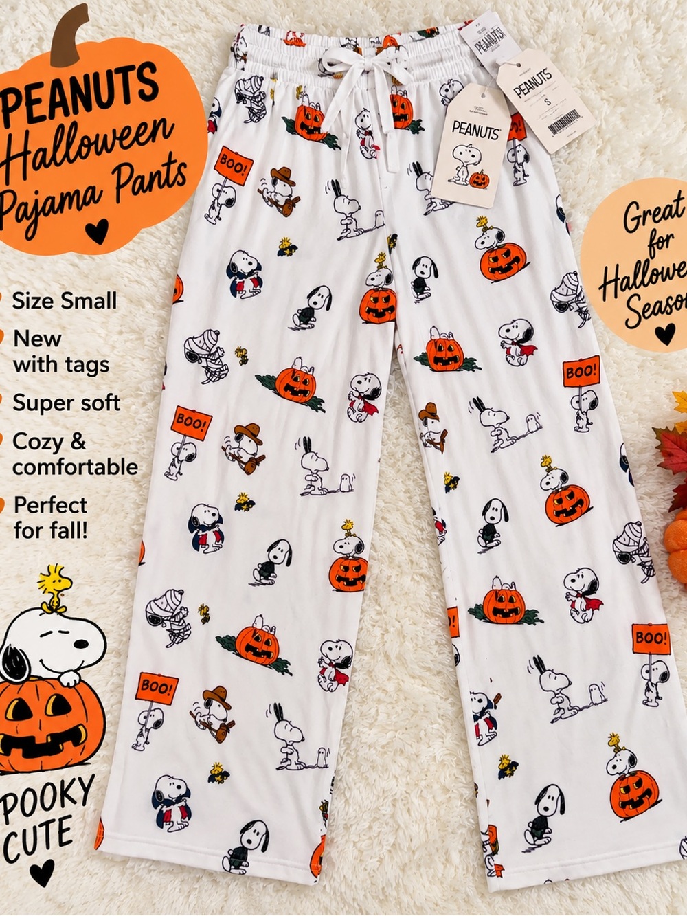 Peanuts Kids Pajama Pants - White with Orange Pumpkin & Black Snoopy Print
